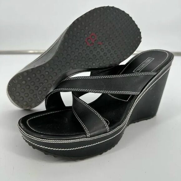 Harley Davidson Women's Size 10 Wedge Sandals Black Leather Slip On Platform - Picture 1 of 7